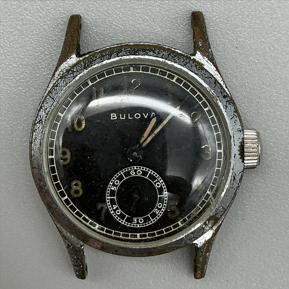 Vintage 1940s Military Bulova WWII Era Mens Watch 30mm Black Dial Not Running